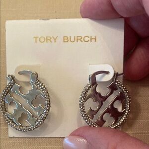 Tory Burch Silver-Tone Logo Hoop Earrings with Crystal Border